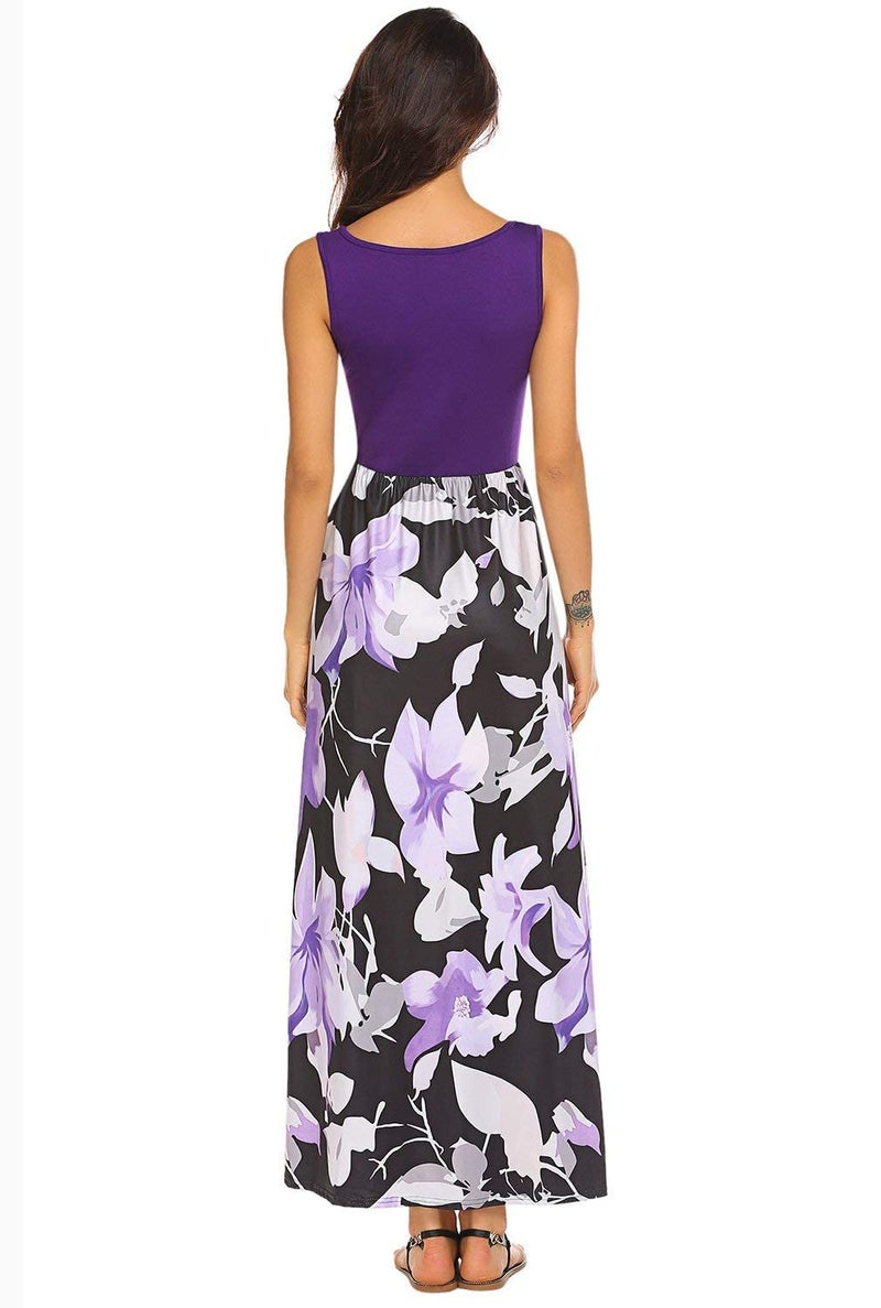 Bluetime Women's Sleeveless Flower Print Summer Beach Dress Casual Maxi Long Dresses (Purple, XL) - Image 4